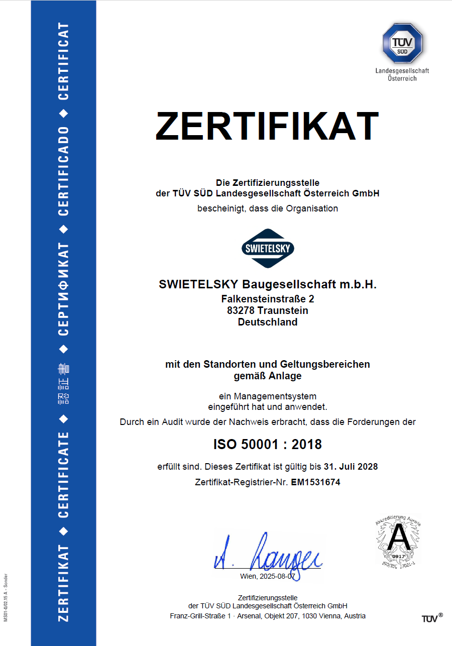 SWIETELSKY Deutschland erhält Energiezertifizierung nach DIN EN ISO 50001 - DE